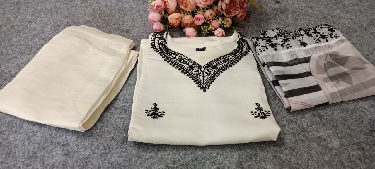 SI 125 Black And White Chanderi Viscose Embroidery Kurti With Bottom Dupatta Wholesale Online
